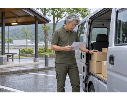 県外への配送前に荷物の一覧を確認する男性
