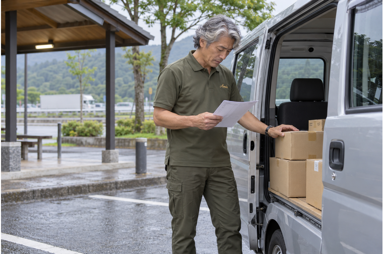 県外への配送前に荷物の一覧を確認する男性