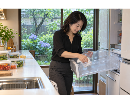 自宅で冷蔵庫の収納を整える女性