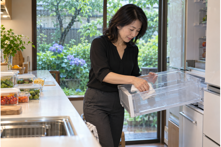 自宅で冷蔵庫の収納を整える女性