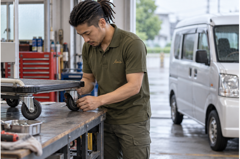 空の台車の車輪を作業台で確認する男性