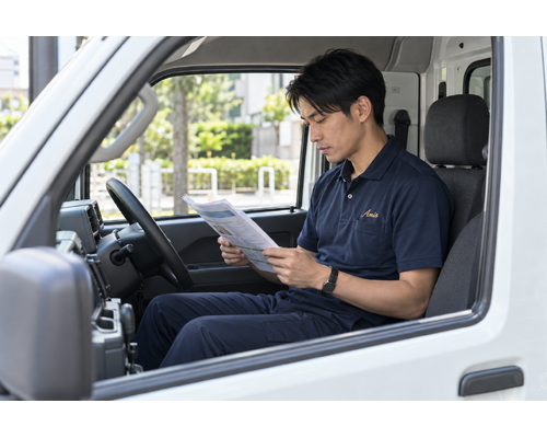停車した軽バンの運転席で交通ルールの資料を確認する男性