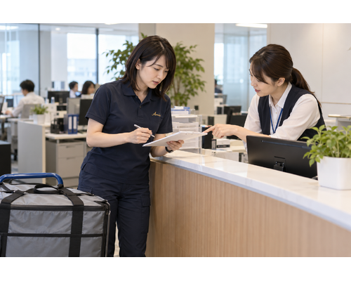 オフィスの荷受け受付でメモを見て担当者へ確認する女性