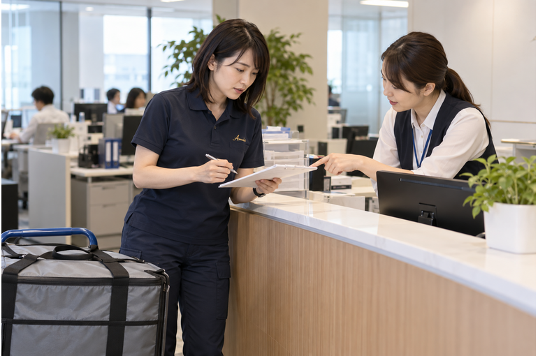 オフィスの荷受け受付でメモを見て担当者へ確認する女性