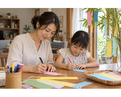 自宅で七夕の短冊を書く大人と子ども