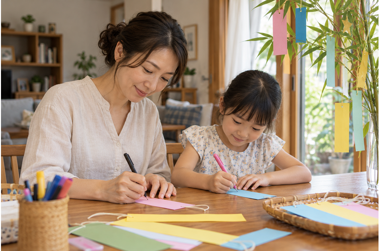 自宅で七夕の短冊を書く大人と子ども