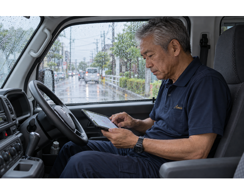 停車中の車内から雨の外を見ながら道路情報を確認するベテラン男性