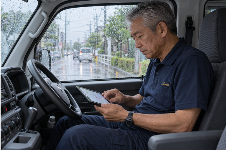 停車中の車内から雨の外を見ながら道路情報を確認するベテラン男性