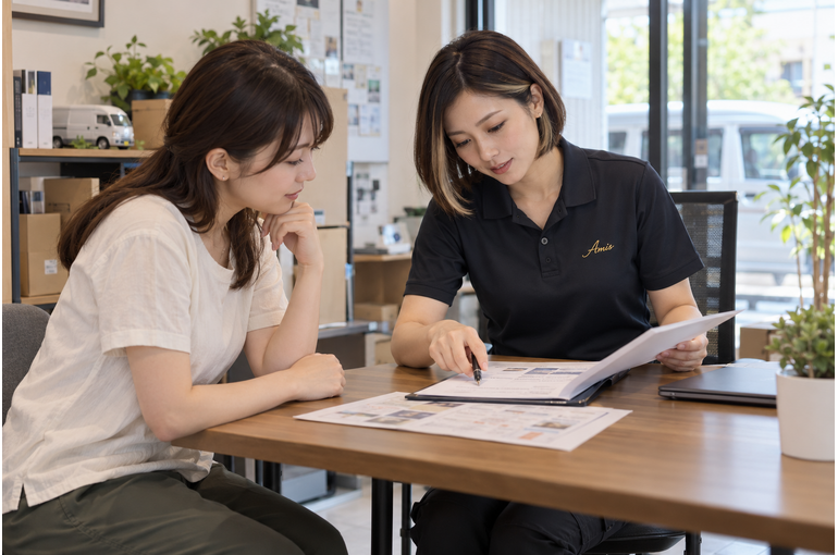 相談用の机で私服の初心者と資料を確認する女性スタッフ