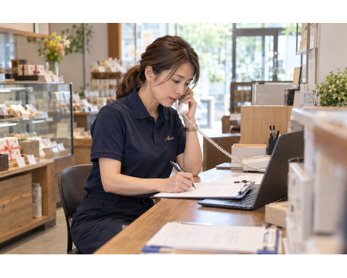 店舗のデスクで集荷先の情報を電話確認する女性