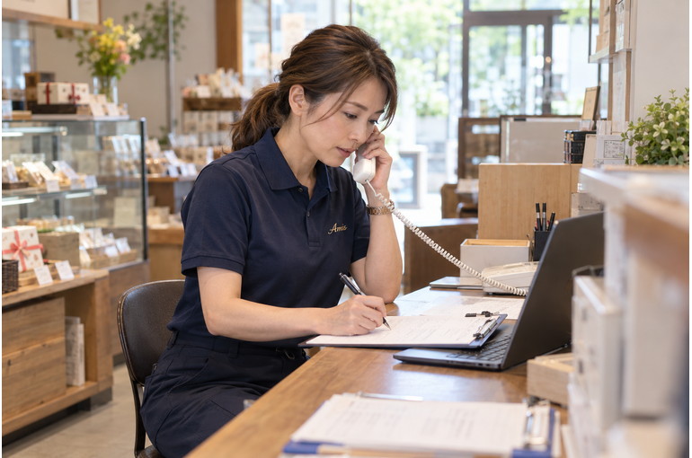 店舗のデスクで集荷先の情報を電話確認する女性