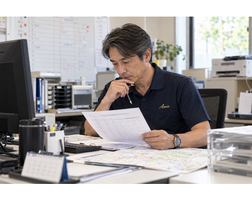 オフィスの机で連休前の配送予定を確認する男性