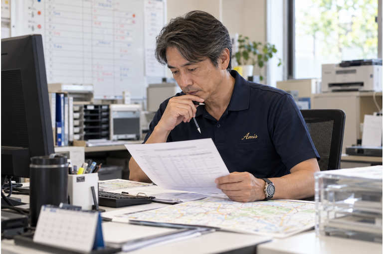 オフィスの机で連休前の配送予定を確認する男性