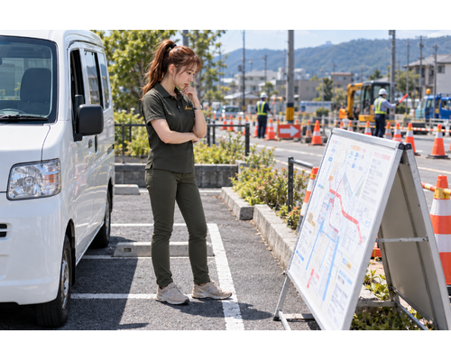 安全な駐車場で道路の工事案内を確認する女性、遠景に規制用コーン