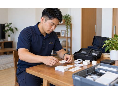 机の上で小さな連絡先カードと充電用品を準備する男性
