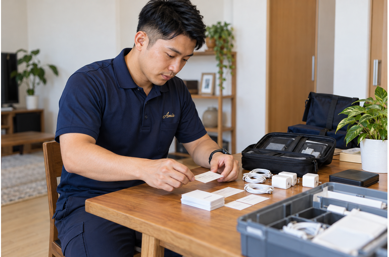 机の上で小さな連絡先カードと充電用品を準備する男性