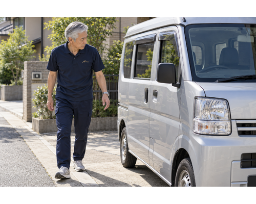 住宅街の安全な駐車スペースで発進前に車の周囲を確認する男性