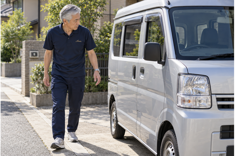 住宅街の安全な駐車スペースで発進前に車の周囲を確認する男性