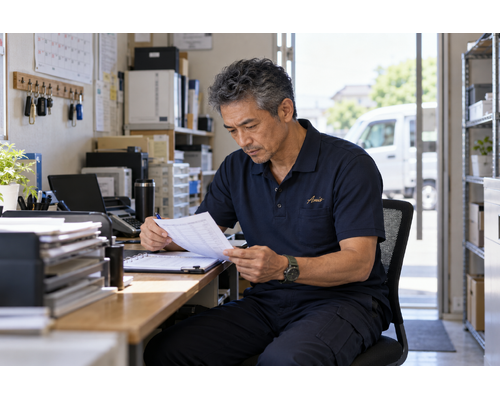 小さな事務所で到着時刻のメモを確認するベテラン男性