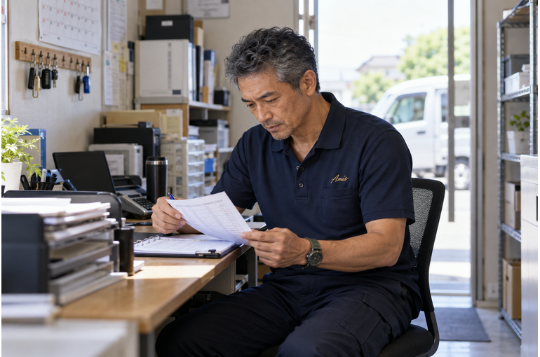 小さな事務所で到着時刻のメモを確認するベテラン男性