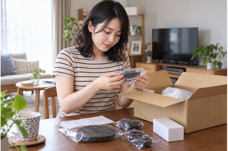 自宅のテーブルで届いた箱の付属品を確認している大人の女性