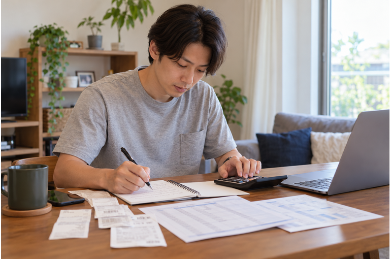 机で車両の維持費をノートに整理する私服の男性