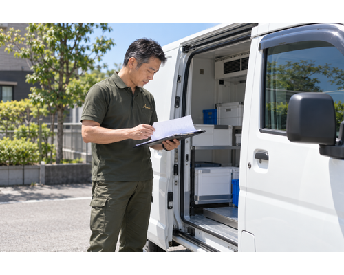 軽冷蔵車の側面で仕様の書類を確認する男性ドライバー