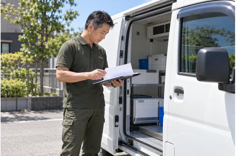 軽冷蔵車の側面で仕様の書類を確認する男性ドライバー