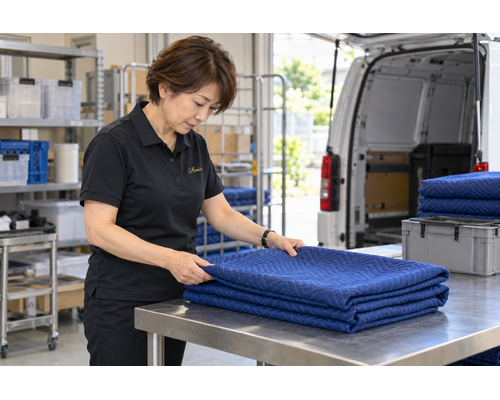 清潔な作業台で折り畳んだ青い緩衝マットを点検する女性
