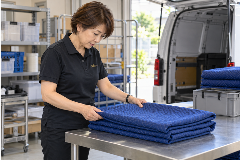 清潔な作業台で折り畳んだ青い緩衝マットを点検する女性