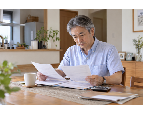 自宅のダイニングで金融機関の書類を読み返す大人の男性