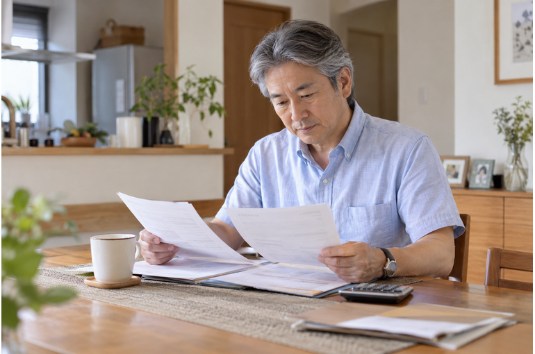 自宅のダイニングで金融機関の書類を読み返す大人の男性