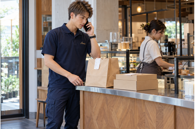 店舗の指定された受渡し場所で荷物を脇に電話確認する男性