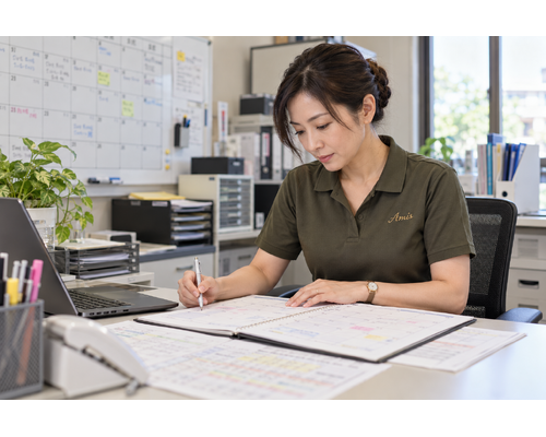 事務所で翌月の予定を確認する女性スタッフ