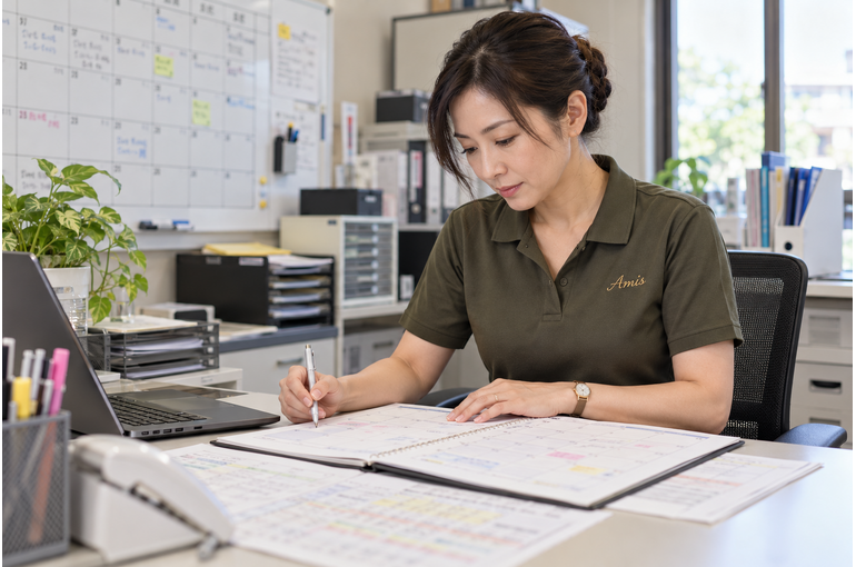 事務所で翌月の予定を確認する女性スタッフ