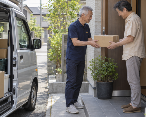 住宅街の指定された玄関で箱を届ける男性と私服の受取人