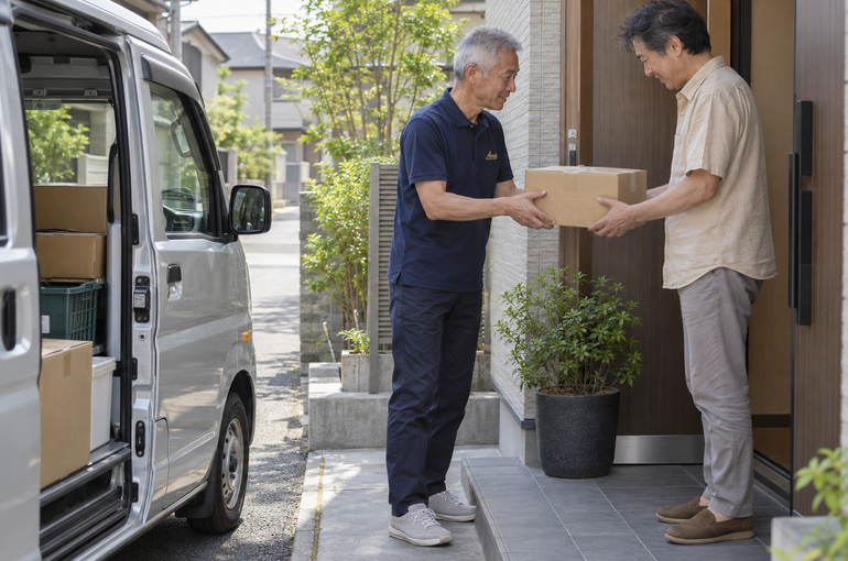 住宅街の指定された玄関で箱を届ける男性と私服の受取人