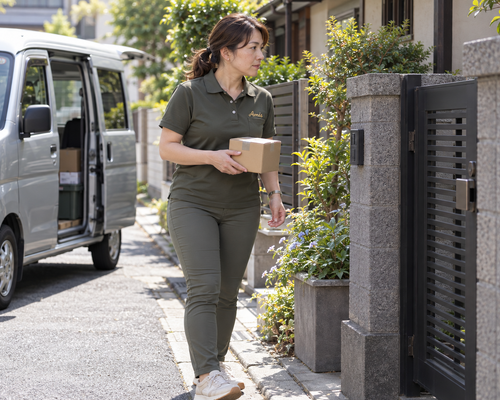 住宅の門扉の手前で小箱を持ち通路を確認する女性