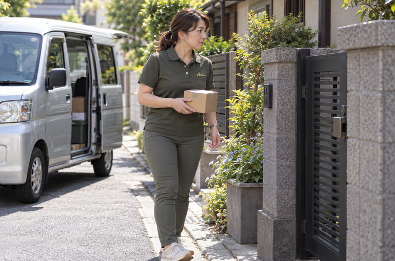 住宅の門扉の手前で小箱を持ち通路を確認する女性