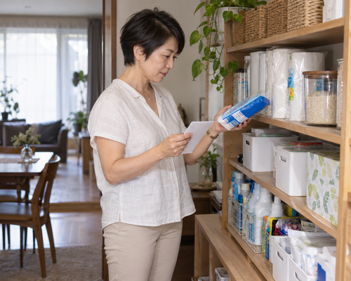 自宅の棚で日用品の在庫とメモを見比べる女性