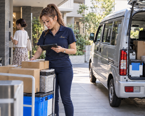集合住宅の荷受け場所で小箱と端末を確認する女性