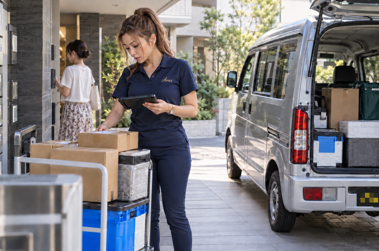 集合住宅の荷受け場所で小箱と端末を確認する女性