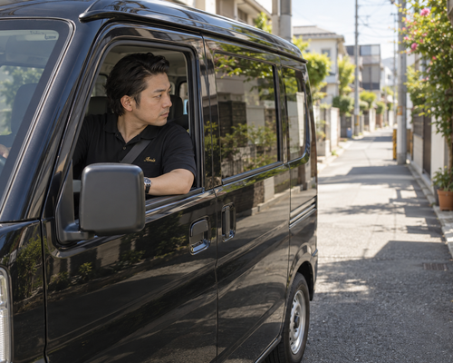 停車した軽バンの運転席から狭い住宅街を確認する男性