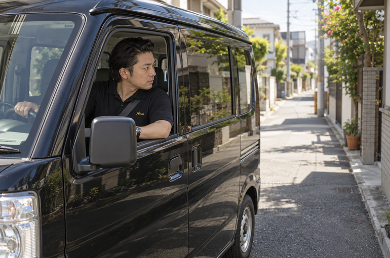 停車した軽バンの運転席から狭い住宅街を確認する男性