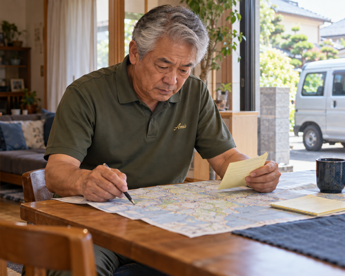 地図と二つの予定メモを机で見比べる男性