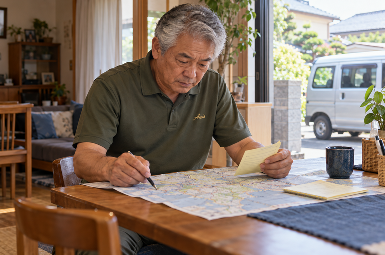 地図と二つの予定メモを机で見比べる男性