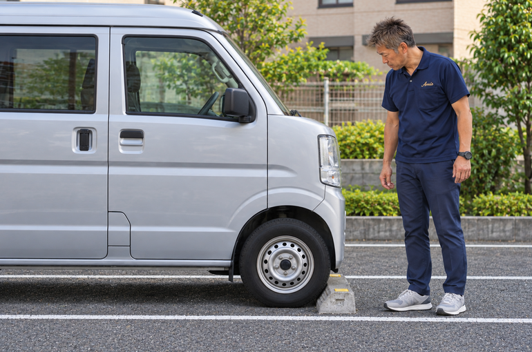 平らな安全な駐車区画で車止めと足元を確認する男性