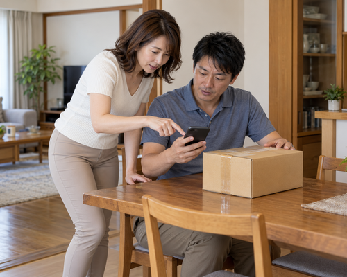 自宅で荷物の送り先を家族と確認する男女