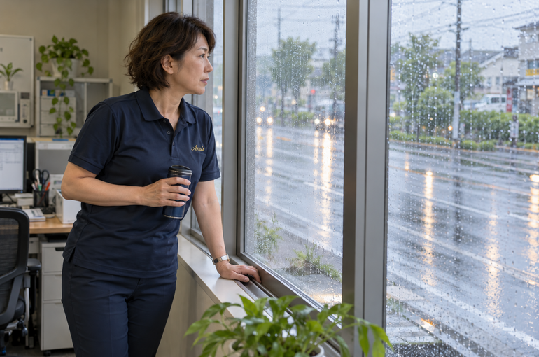 雨の見える事務所の窓辺で道路状況を確認する女性