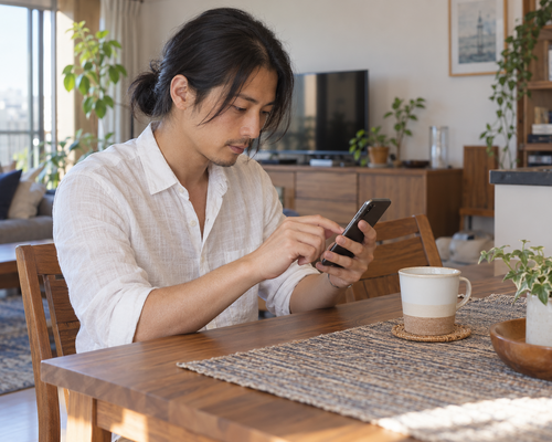 自宅のテーブルでスマートフォンの設定を確認する男性